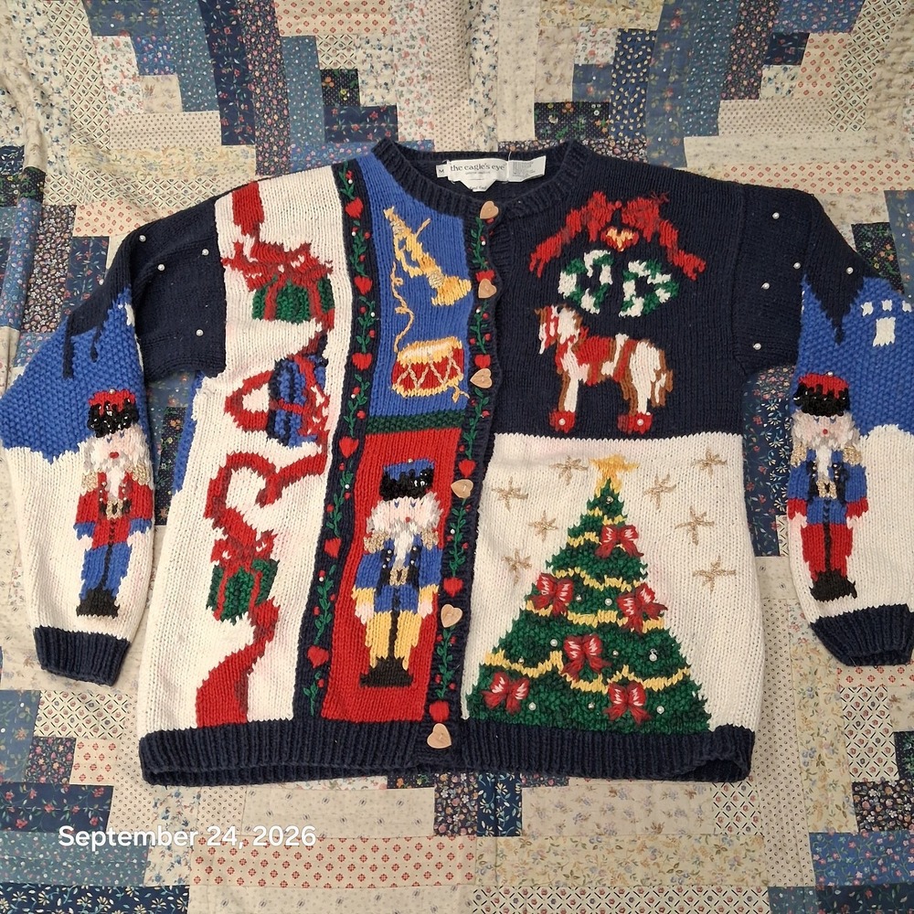 90s Vintage The Eagles Eye Nutcracker Ballet Hand Knit Christmas Cardigan Med